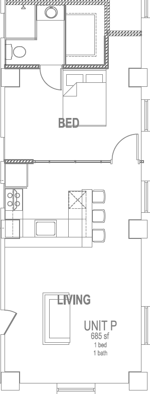 A floor plan of a living unit with a bed and a bath.